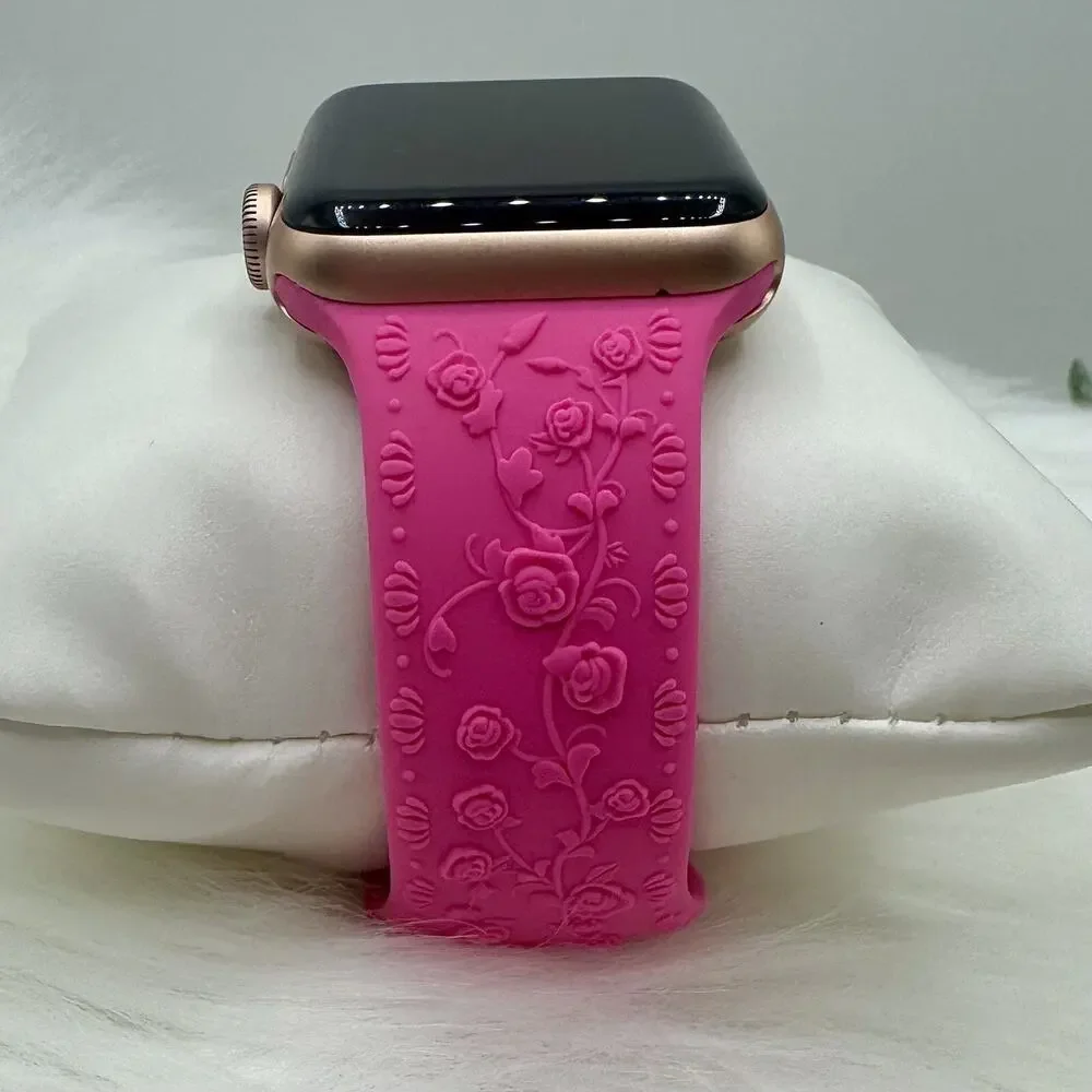 Floral Engraved Design Apple Watch Bands 38mm 40mm 41mm Hot Pink